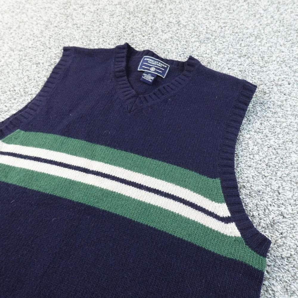 VTG American Eagle Sweater Vest Mens L Blue Wool V Neck Knit Pullover 90s Y2K